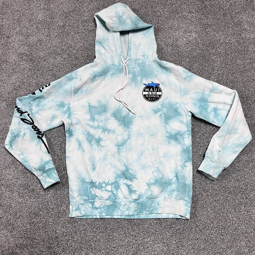 Maui and Sons Tie Dye Hoodie Mens Medium Blue White Graphic Pullover Surf Skate